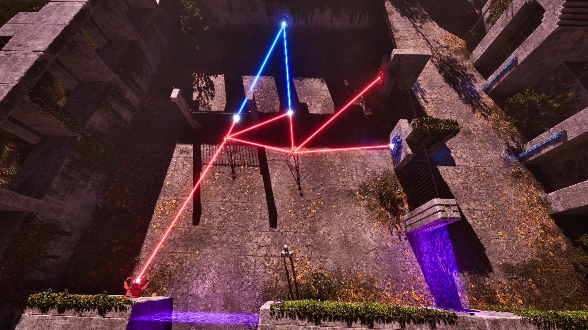 After the barrier goes up, the connector on the left is connected only to a red emitter. So it interrupts the blue laser from the blue emitter from reaching the right connector. This allows the right connector to remain active and activate the red receiver.