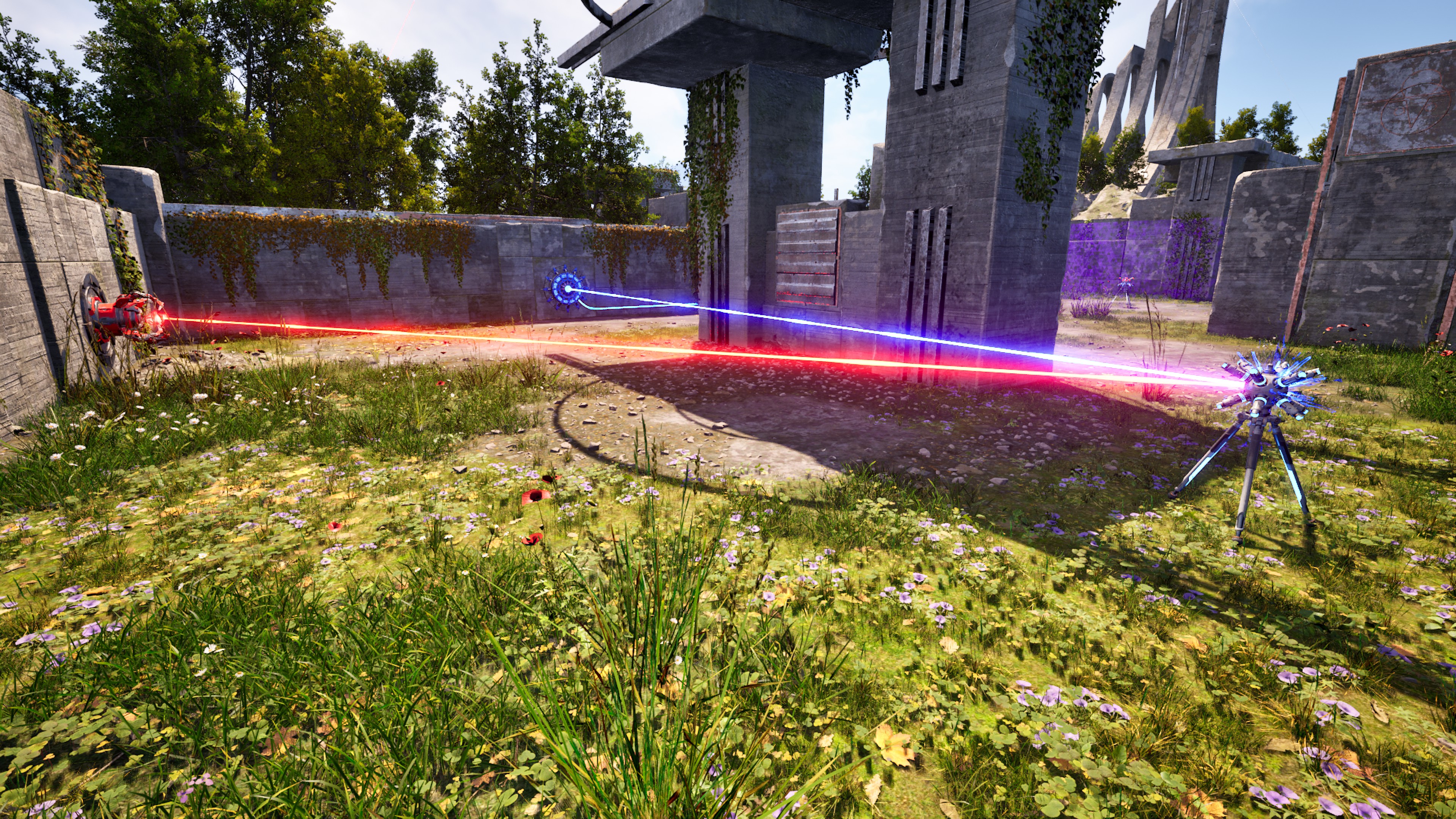 Grab the Inverter that is behind the purple gate. Connect it to the red Emitter, the blue Receiver and place it down as far back as possible, so that it is visible through the purple gate.