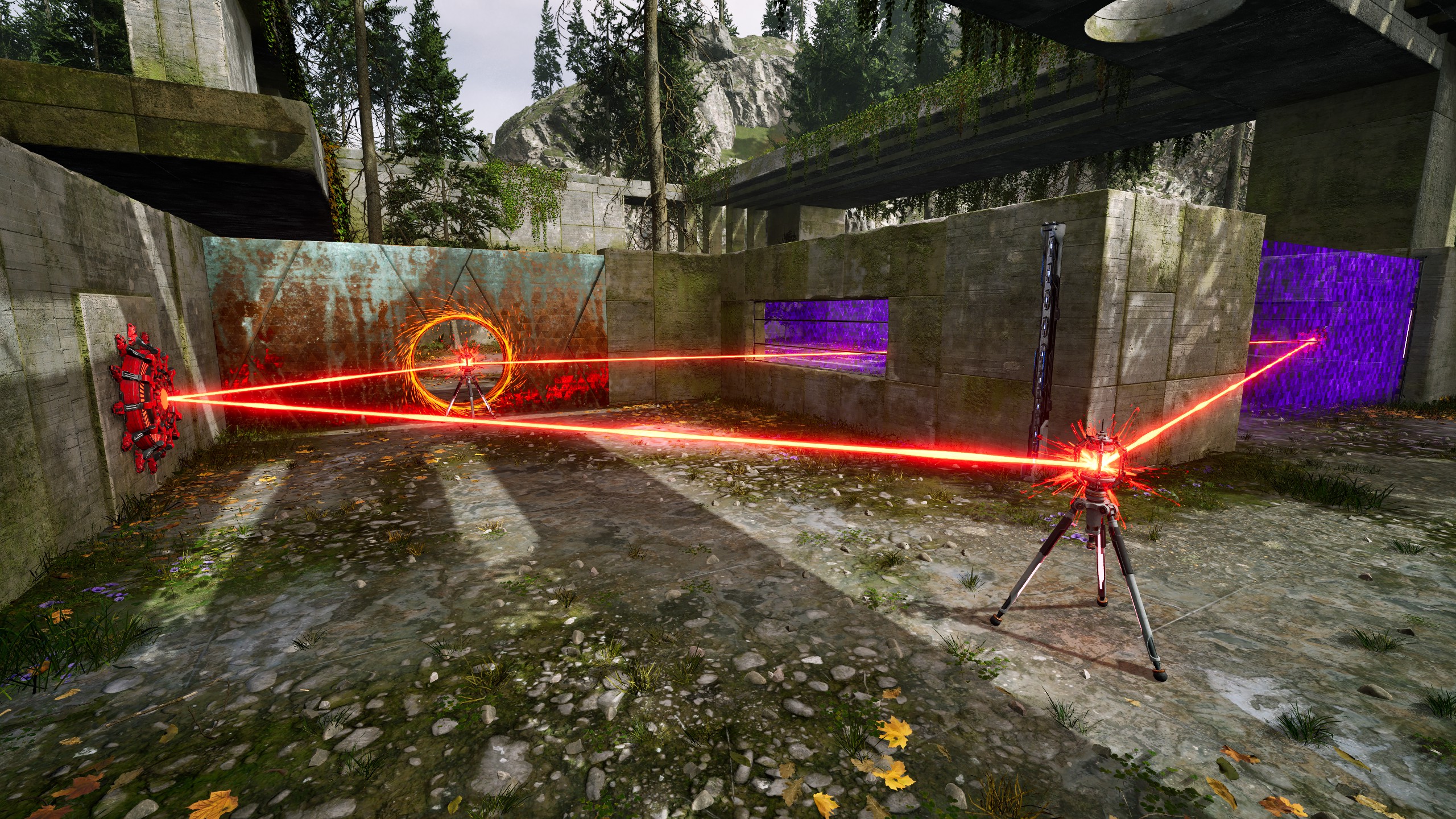 Walk around, take the second Connector and connect the red Emitter to the Receiver through the purple barrier.